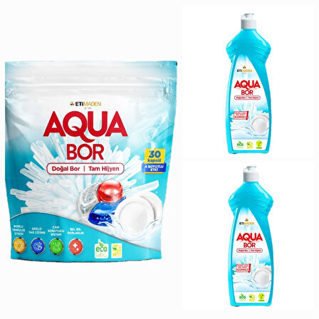 AQUABOR DOĞAL MİNERALLİ BULAŞIK TABLETİ 30 ADET KAPSÜL+2 ADET BULAŞIK ELDE YIKAMA DETERJANI