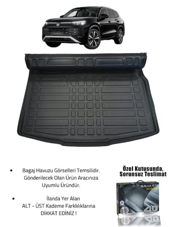 Sahler Volkswagen Tayron 2024 Sonrası Uyumlu 4.5D Premium Havuzlu Oto Paspas Ve Liner Üst Bagaj Havuzu 5 Koltuk
