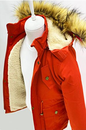 Asortik Unisex Çocuk Kanvas Kumaş Kapüşonlu Diz Üstü İçi Kürk Kışlık Mont Kaban