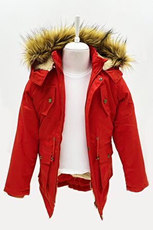 Asortik Unisex Çocuk Kanvas Kumaş Kapüşonlu Diz Üstü İçi Kürk Kışlık Mont Kaban