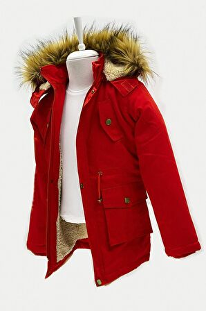 Asortik Unisex Çocuk Kanvas Kumaş Kapüşonlu Diz Üstü İçi Kürk Kışlık Mont Kaban