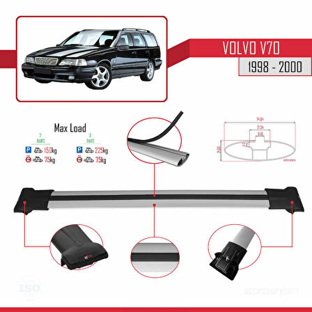Volvo V70 1998-2000 Arası ile Uyumlu FLY Model Ara Atkı Tavan Barı Gri 2 Adet