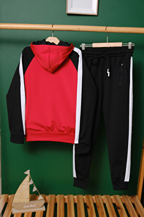 Unisex Şerit Detaylı Kapüşonlu Çocuk Eşofman Takımı