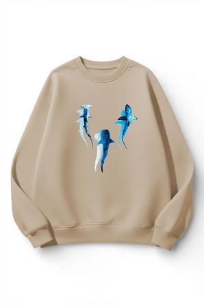 Unisex Yumuşak Dokulu Safir Balina Baskılı Tasarım Oversize 3 İplik Bisiklet Yaka Sweatshirt