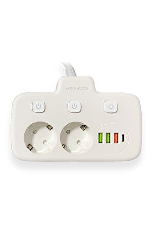Aksesuarcı Akım Korumalı 2'li Ayrı Anahtarlı Priz, 2x Priz, 3x USB, 1x Type-C, 2 mt Kablo, Hızlı Şarj Özellikli