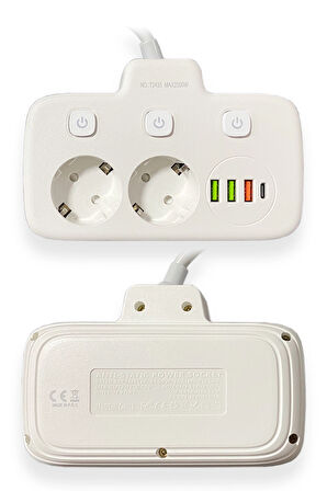 Aksesuarcı Akım Korumalı 2'li Ayrı Anahtarlı Priz, 2x Priz, 3x USB, 1x Type-C, 2 mt Kablo, Hızlı Şarj Özellikli