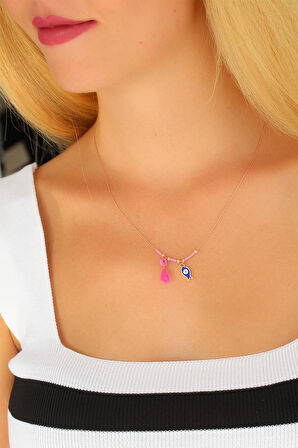 Nazar Boncuklu Pembe Renk Taşlı Rose Kadın Kolye