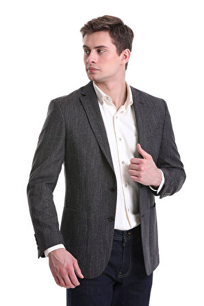 Lacivert Regular Fit Desenli Mono Yaka Klasik Ceket