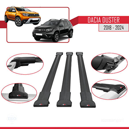 Dacia Duster 2 (HM) 2018-2024 Arası ile Uyumlu FLY Model Ara Atkı Tavan Barı Siyah 3 Adet