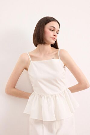 DeFacto Fitted Volanlı Poplin Askılı Beyaz Bluz F2317AX25SMWT32