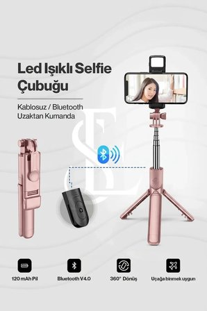 Led Işıklı Selfie Çubuğu Bluetooth Kumandalı Kablosuz Tripot Selfie Monopod Selfie Stick (Pembe) (  )