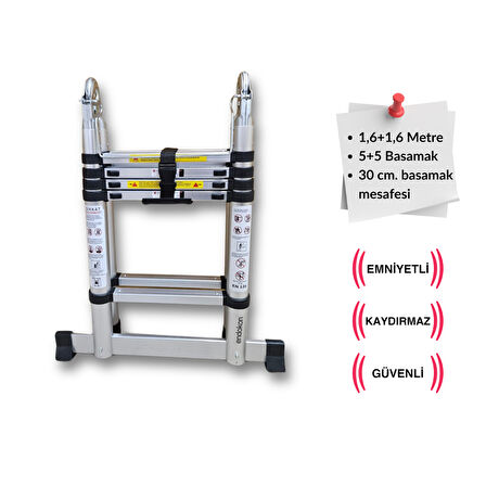 160 + 160 cm. - 5+5  Basamaklı Teleskobik / Teleskopik Merdiven - A Tipi Uzayan Merdiven