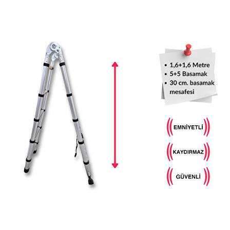 160 + 160 cm. - 5+5  Basamaklı Teleskobik / Teleskopik Merdiven - A Tipi Uzayan Merdiven