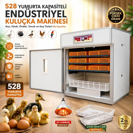 528 Yumurta Kapasiteli Endüstriyel Kuluçka Makinesi - 3 Çeşit Viyollu, Çıkım Sepetli + Isı Lambası Hediyeli