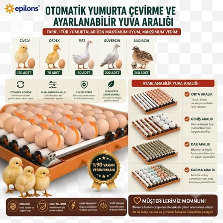 Tam Otomatik Kuluçka Makinesi 130 Yumurta Kapasiteli | Akıllı Isı ve Nem Kontrolü | Otomatik Yumurta Çevirme | Otomatik Su Sistemi | Ayarlanabilir Viyol (  )