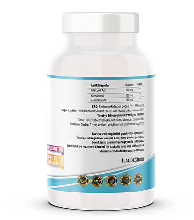 Koenzim Q-10 Alfa Lipoik Asit L-Karnitin Coenzyme Q10 180 Tablet
