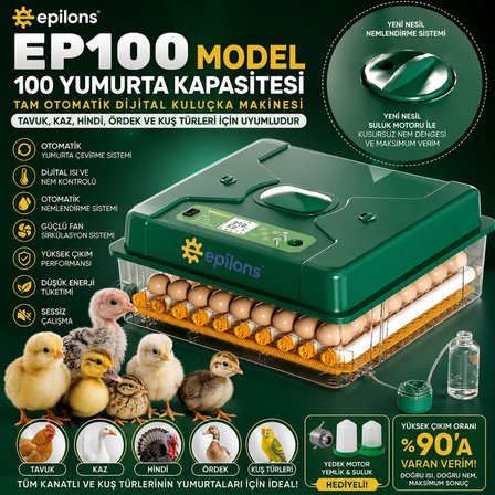 EP100 Kuluçka Makinesi Yeni Nesil Suluk Üstten Havalandırma Sistemli Tavuk Kaz Hindi ve Kuş Türleri İçin (  )