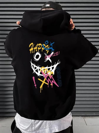 Mutlu Kelime Komik Kişilik Renkli Desen Hoody Erkekler Cep Çizgi Roman Kazak Sonbahar Yumuşak