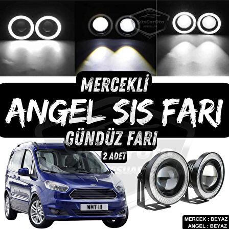 Ford Courier 2014-2023 Uyumlu Üniversal Mercekli Angel Sis Farı Metal Su Geçirmez 76 mm Beyaz Halkalı Gündüz Farı Angel Eyes 2 Adet