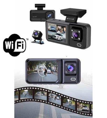 Araç Kamerası - 3 Kameralı Wifi Ön , İç ve Arka Full HD DVR Araç İçi Ekranlı Kamera (1440)