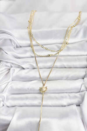 Pirinç Gold Renk Zirkon Taşlı Güneş Model Detaylı 3'lü Kombin Y Kadın Kolye