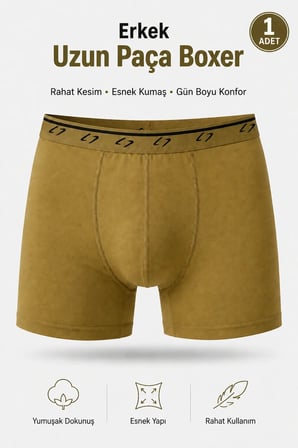Erkek Asker Boxer Haki Uzun Paça Esnek Bel Lastikli Yumuşak Kumaş Rahat Kesim Günlük İç Giyim
