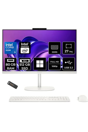 OmniStudio 27 Core 5 210H 80GB RAM 512GB SSD 27" FHD W11P Beyaz All in One Bilgisayar + Per4 USB Bellek