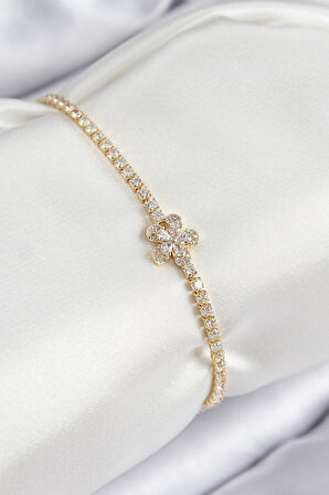 Pirinç Zirkon Taşlı Çiçek Model Gold Renk Kadın Bileklik