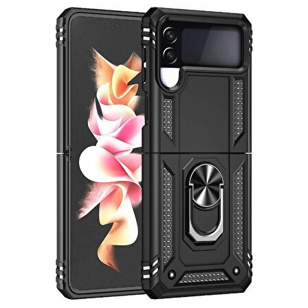 Smcase Samsung Galaxy Z Flip4 Kılıf Vega Yüzüklü Çift Katmanlı Tank Kılıf 