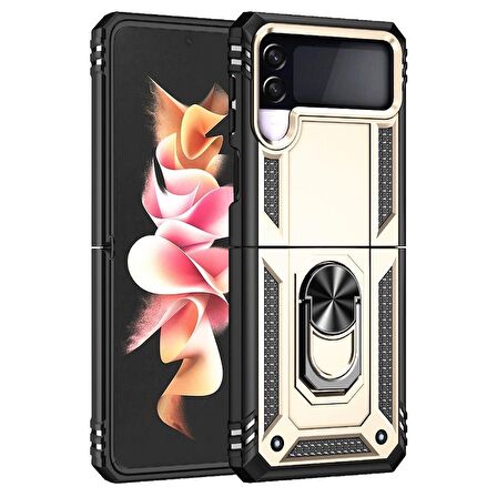 Smcase Samsung Galaxy Z Flip4 Kılıf Vega Yüzüklü Çift Katmanlı Tank Kılıf 