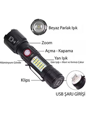 MAX-2306C Ultra USB Şarjlı Polis El Feneri, Bekçi, Asker El Feneri Kırmızı Mavi Çakarlı 1000 Lümen