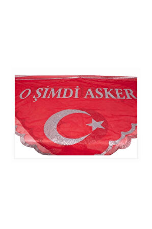 O Şimdi Asker Şalı & Asker Örtüsü Kırmızı Renk Bayraklı Pul Işlemeli