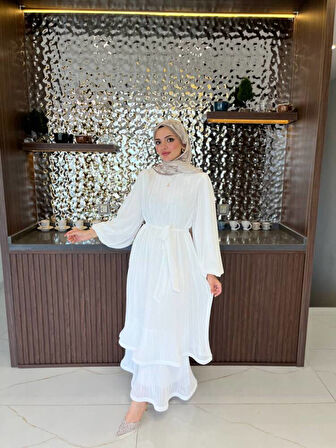 Zarif Katmanlı Kemerli Detaylı Şık Elbise ELB16074