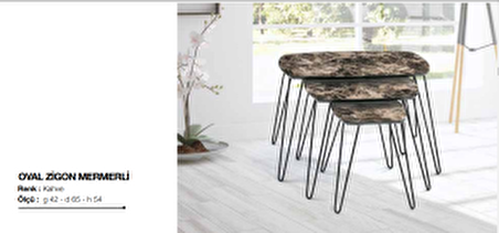 Bengi Zigon OSM OVAL Model Parlak Ahşap Mermer Desen Kahve Mdf tabla Metal V ayak El Yapım
