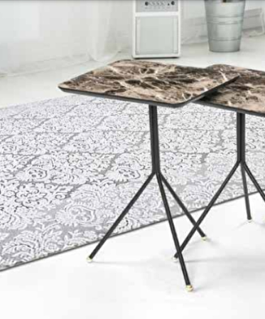 Bengi Zigon OSM KARE Model Metal V Ayak Kahverengi Mermer Renk Tabla El Yapım