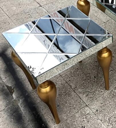 Zigon TOMBUL ayak Model Kayın Torna MDF tabla Parlak gold Boya İskelet Çizgili  Füme cam Kaplama El Yapımı