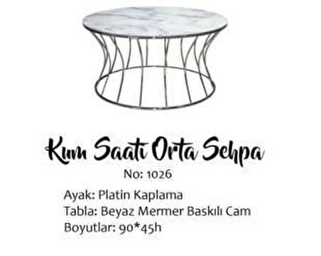 Bengi Brc KUM SAATİ Orta sehpa Model BEYAZ MERMER TEMPER Cam Metal transmisyon Çelik PLATİN Renk Kaplama