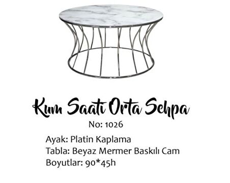 Bengi Brc KUM SAATİ Orta sehpa Model BEYAZ MERMER TEMPER Cam Metal transmisyon Çelik PLATİN Renk Kaplama