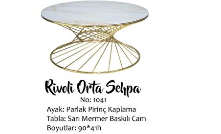 Orta sehpa brc rivoli Model 1041 Beyaz Mermer Temper cam GOLD Renk Kaplama Metal Ayak El Yapım