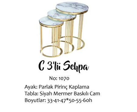 Brc C Zigon Sehpa 3'lü 1070  Beyaz  Mermer Desen Gold Parlak Pirinç Kaplama Metal Ayak El Yapım