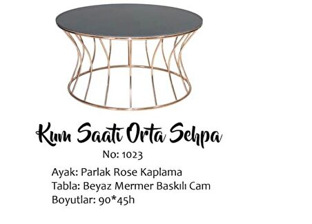 Orta sehpa KUM saat Model BRC DÜZ SİYAH TEMPER-Cam Çelik ROSE Renk Kaplama El Yapım