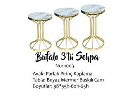 Bengi Brc  ZİGON 1003 sehpa Model BEYAZ MERMER TEMPER Cam Metal GOLD renk Kaplama Ayak El yapım