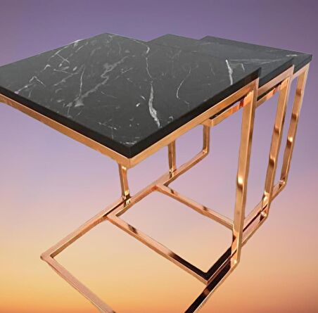 Zigon ZLF 3LÜ C Model Metal çelik ROSE renk Kaplama MDF siyah mermer tabla El Yapım