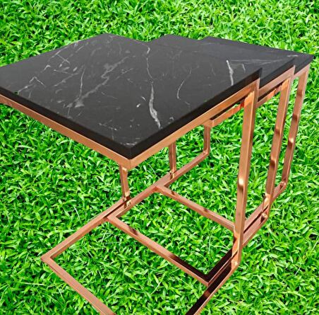 Zigon ZLF 3LÜ C Model Metal çelik ROSE renk Kaplama MDF siyah mermer tabla El Yapım
