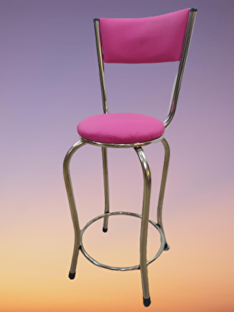 Bengi Sandalye BAR Tipi Yüksek Model Pembe FUŞYA 4 adet Metal Çelik nikelaj Suni deri döşeme El Yapım
