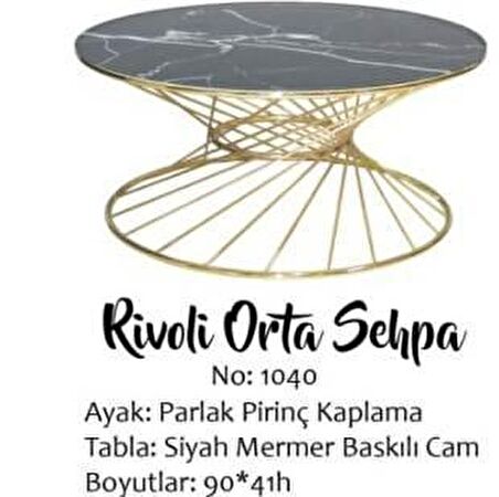 Bengi Brc RİVOLİ Orta Sehpa MODEL 1040 Siyah mermer Cam Metal  Gold  renk Kaplam Ayak El Yapım