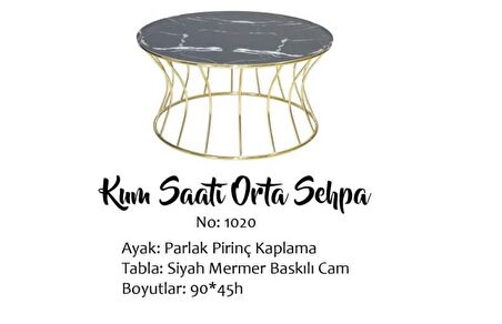 Bengi Brc KUM SAATİ ORTA SEHPA Model 1020 Siyah Mermer Temper Cam Metal çelik Gold renk Kaplam El Yapım