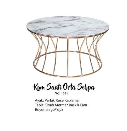 Bengi Brc KUM SAAT ORTA SEHPA Model 1021 Beyaz Mermer Temper Cam Metal çelik ROSE renk Kaplama  El Yapım