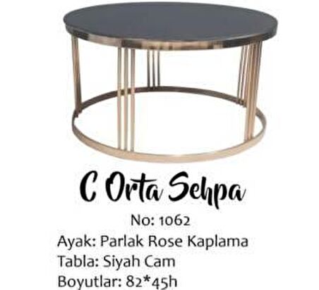 Bengi Brc Orta sehpa C 1062 Model Düz Siyah Temper Cam Metal çelik ROZA renk Kaplama Ayak El Yapım