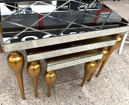 Zigon Sehpa TOMBUL Torna Model Parlak Gold renk Kayın Ayak çizgili  Ayna tabla  El Yapım